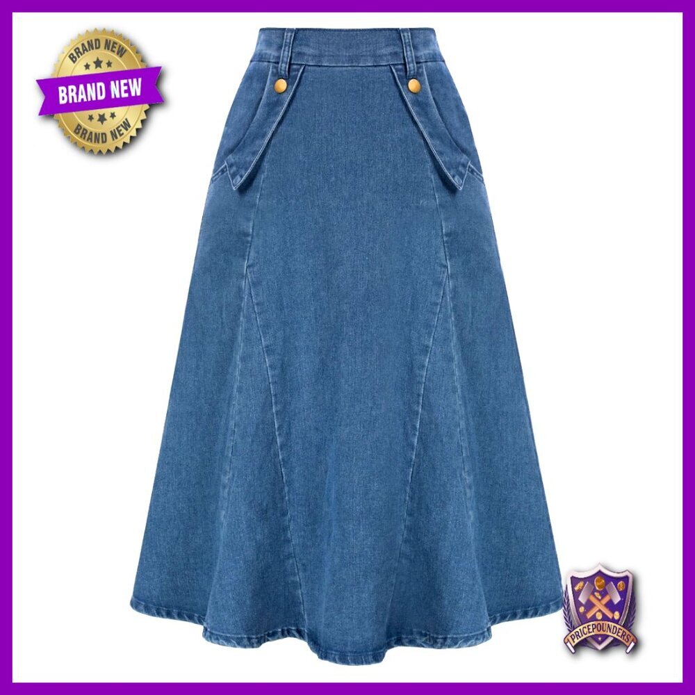 Vintage Denim Maxi Skirt High Waist A-Line Pockets Pull-On
